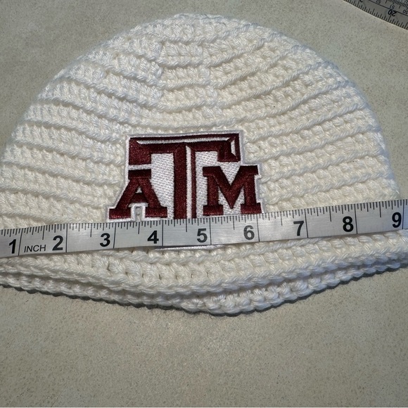 Texas A&M White Crocheted Beanie with A & M Logo Patch 9”W x 7 1/2” L Stretches - Picture 5 of 7